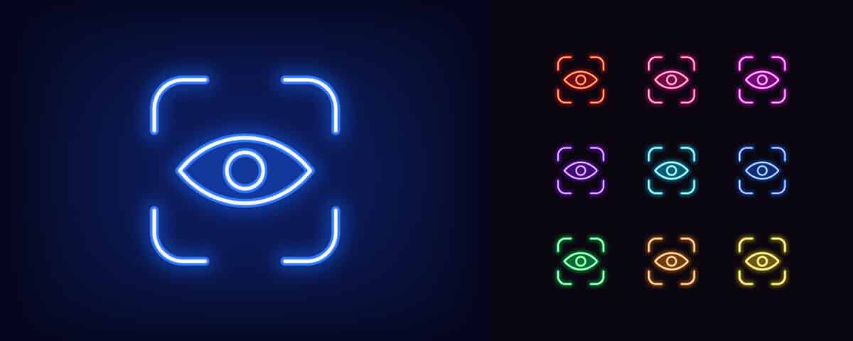 Glowing neon eye scanner sign.