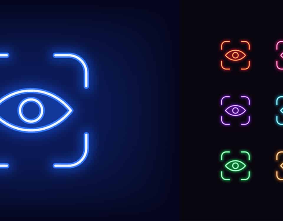 Glowing neon eye scanner sign.